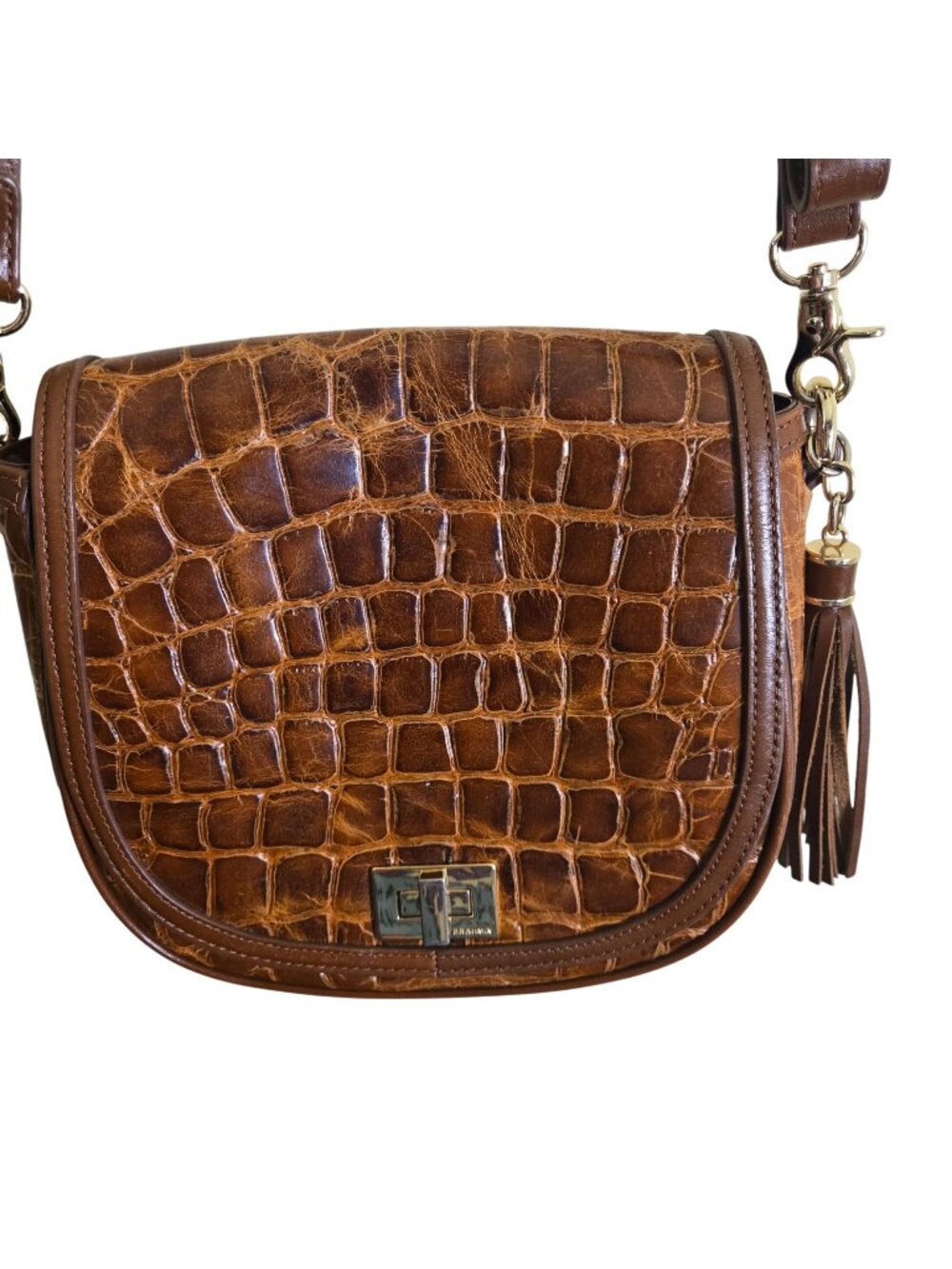Brahman Mini Sonny Saddle Bag Gustavo Brown Croc Engrossed Leather Turn Lock